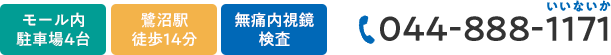 モール内
駐車場4台 鷺沼駅徒歩14分 無痛内視鏡検査 TEL:044-888-1171